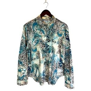 Chicos Women’s Long Sleeve Paisley Print Buttoned Blouse Blue Teal & Brown Sz 2